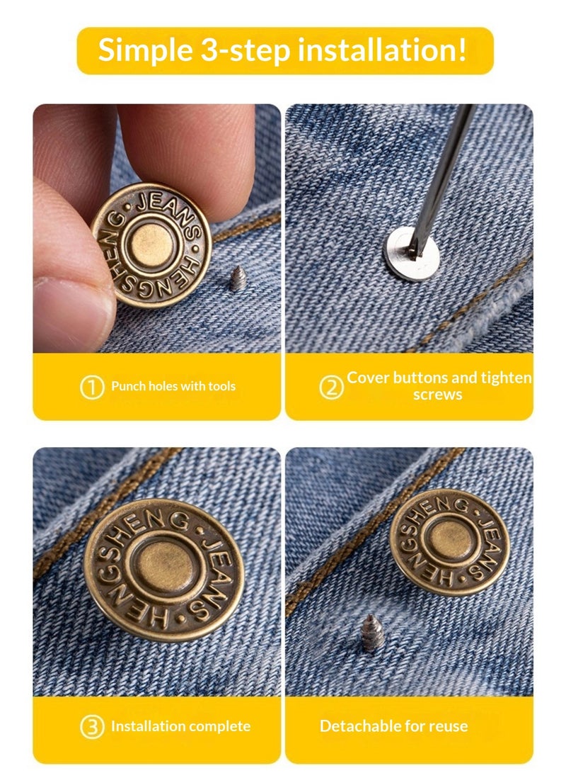 Jeans Buttons Set Removable No-Sew, Adjustable Screw Denim Snap Buttons for Waist Tightening & Repair, Reusable Metal Jean Buttons with Screwdriver(10PCS, Black) - Image 3